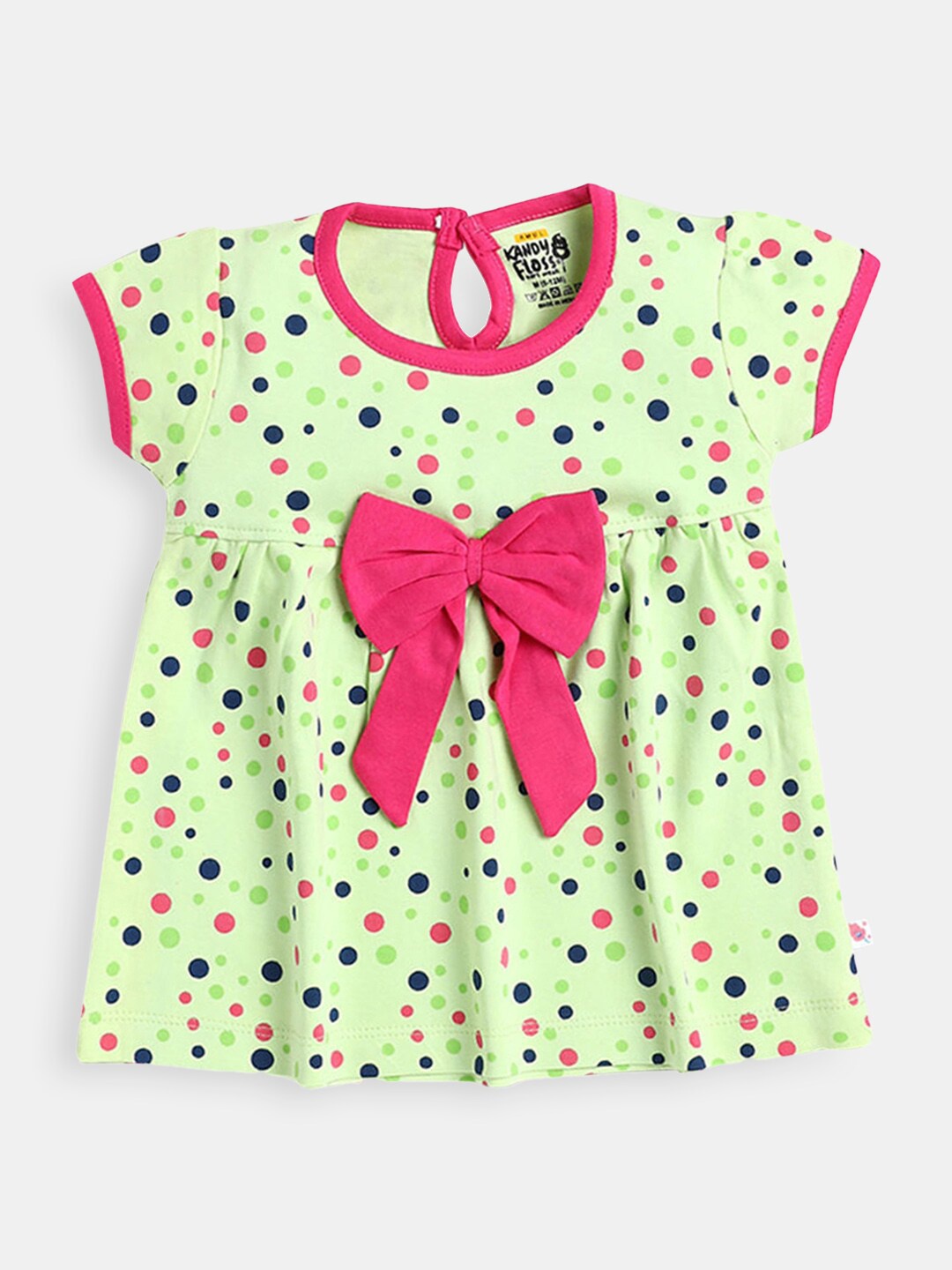 

Hopscotch Lime Green & Pink Conversational Printed Fit & Flare Cotton Dress
