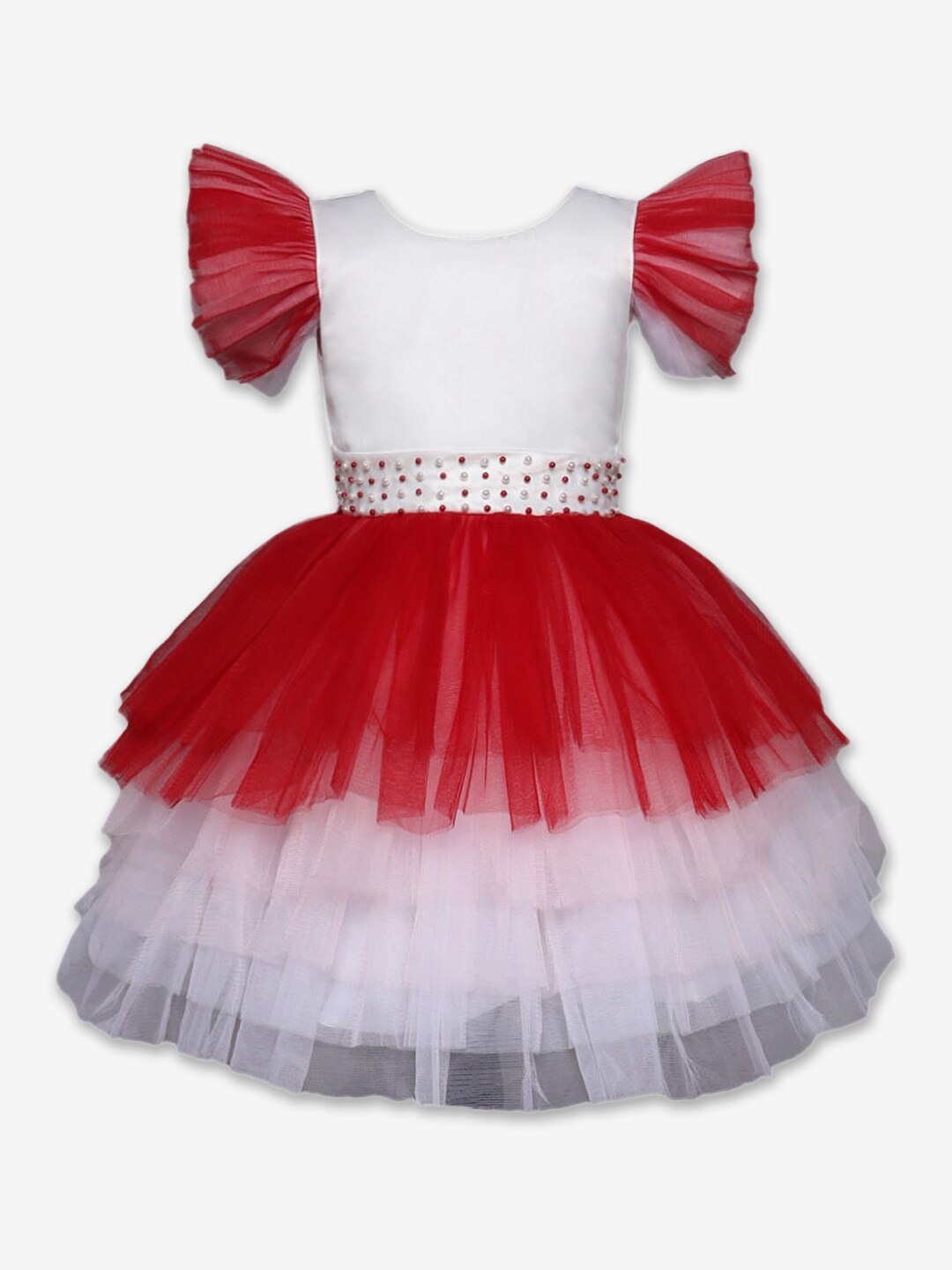 

Hopscotch Red & White Embellished Layered Peplum Dress