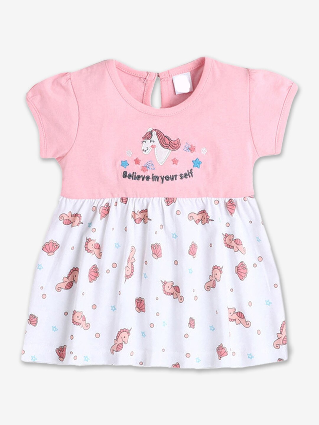 

Hopscotch Pink Conversational Printed A-Line Cotton Dress