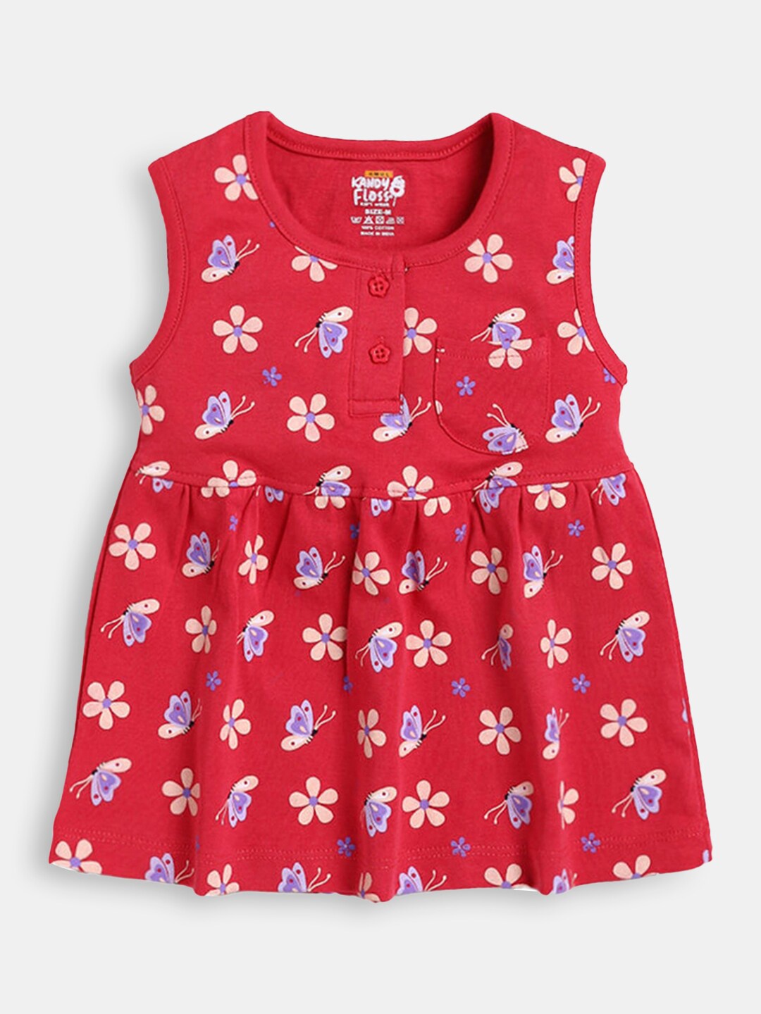 

Hopscotch Girls Red Floral Printed Round Neck Cotton Dress
