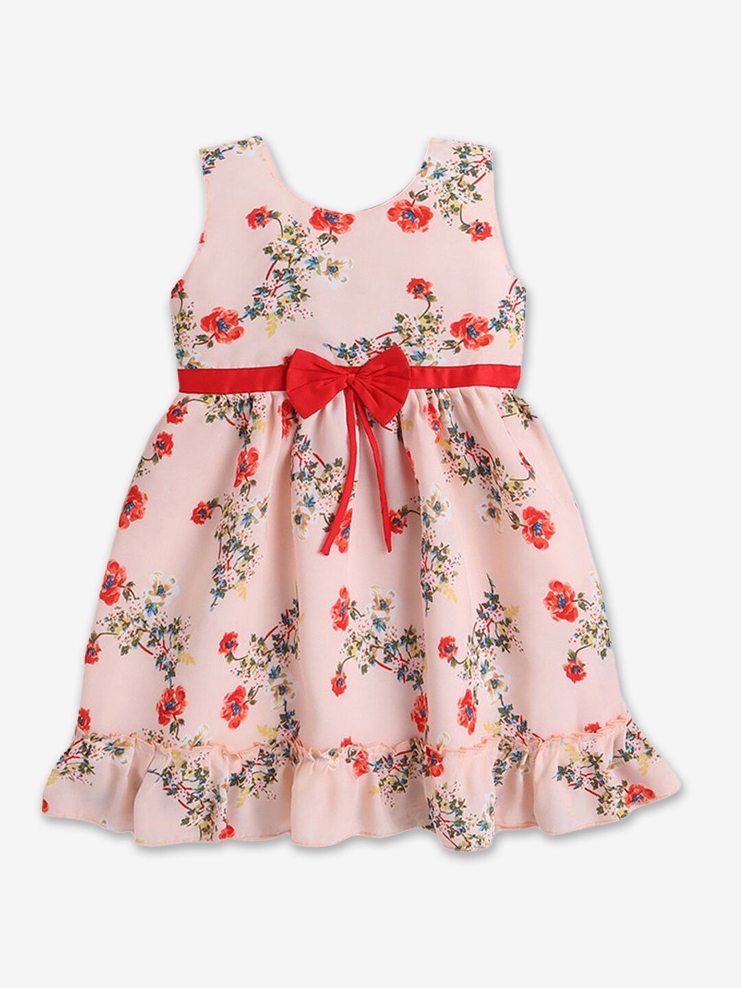 

Hopscotch Peach & Red Printed Round Neck Dress