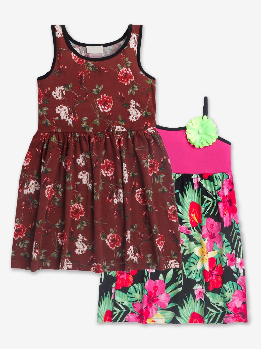 

Hopscotch Girls Pack Of 2 Brown & Pink Printed Cotton Dress