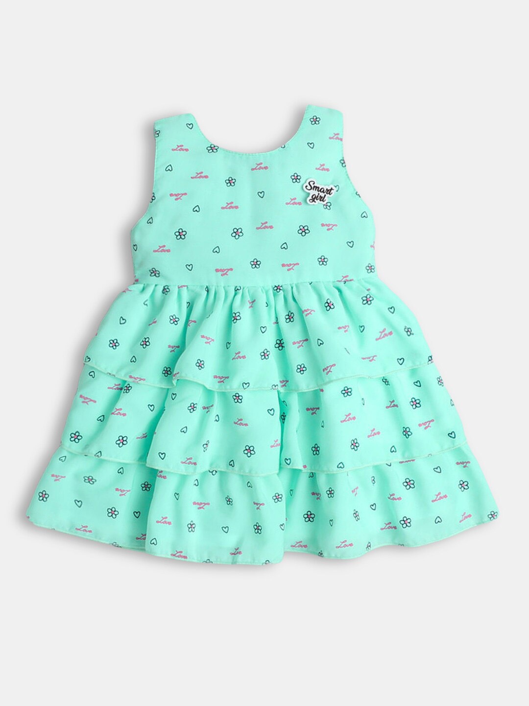 

Hopscotch Girls Sea Green Printed Round Neck Fit And Flare Dress