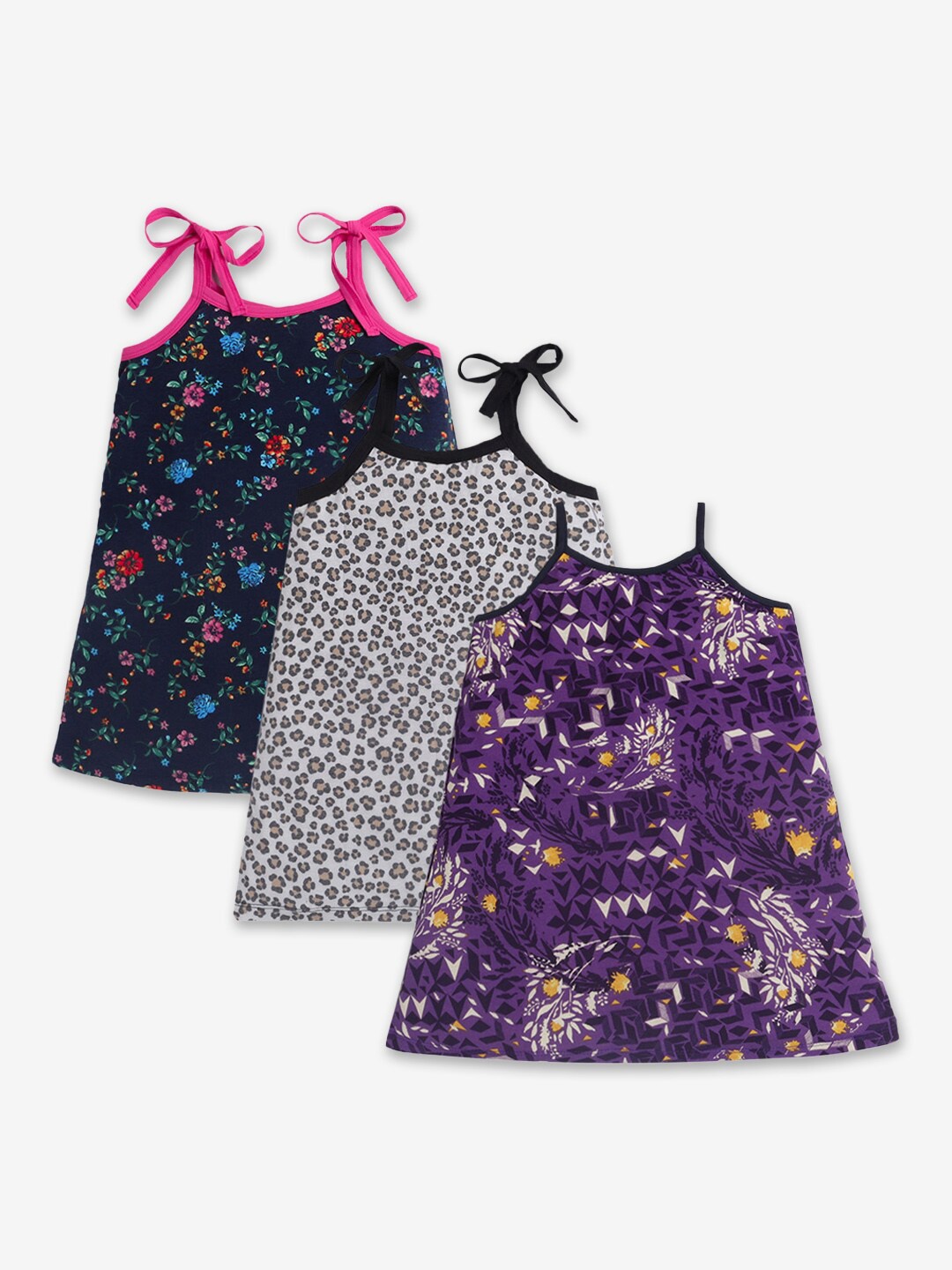 

Hopscotch Girls Pack Of 3 Navy Blue & White Floral Tie-Up Neck A-Line Cotton Dress