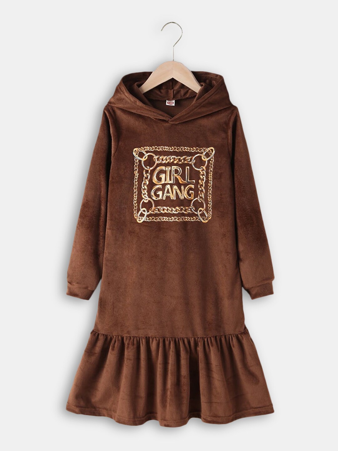 

Hopscotch Girls Brown Printed Hooded A-Line Dress