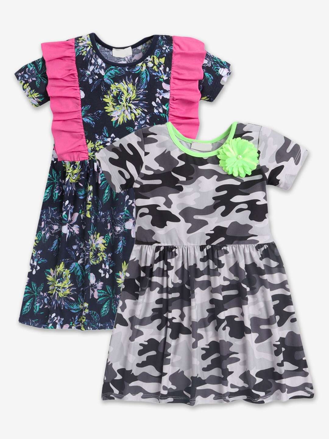 

Hopscotch Girls Pack of 2 White & Navy Blue Printed Cotton Dress