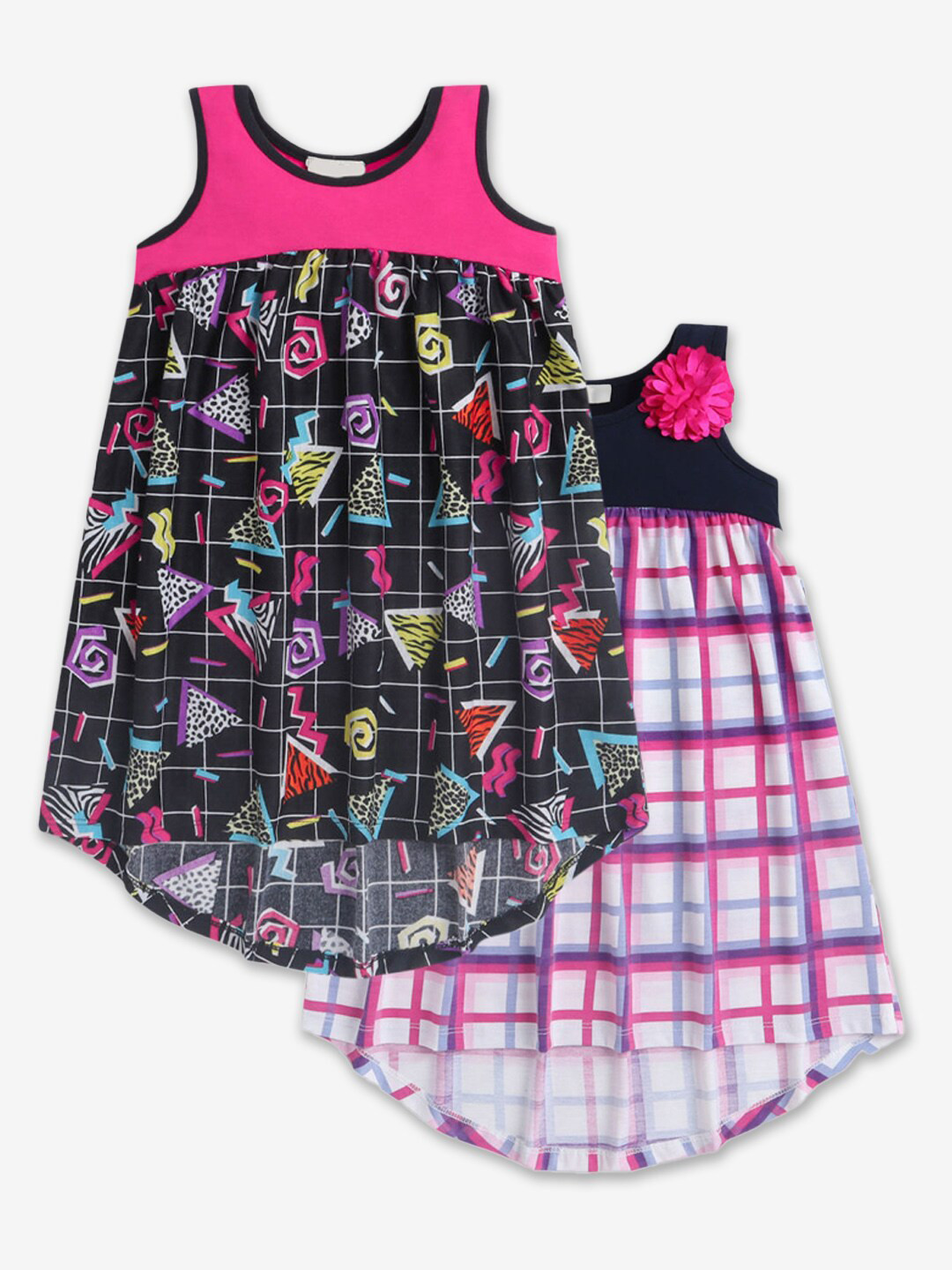 

Hopscotch Girls Pack of 2 Black & White Printed Round Neck A-Line Cotton Dress
