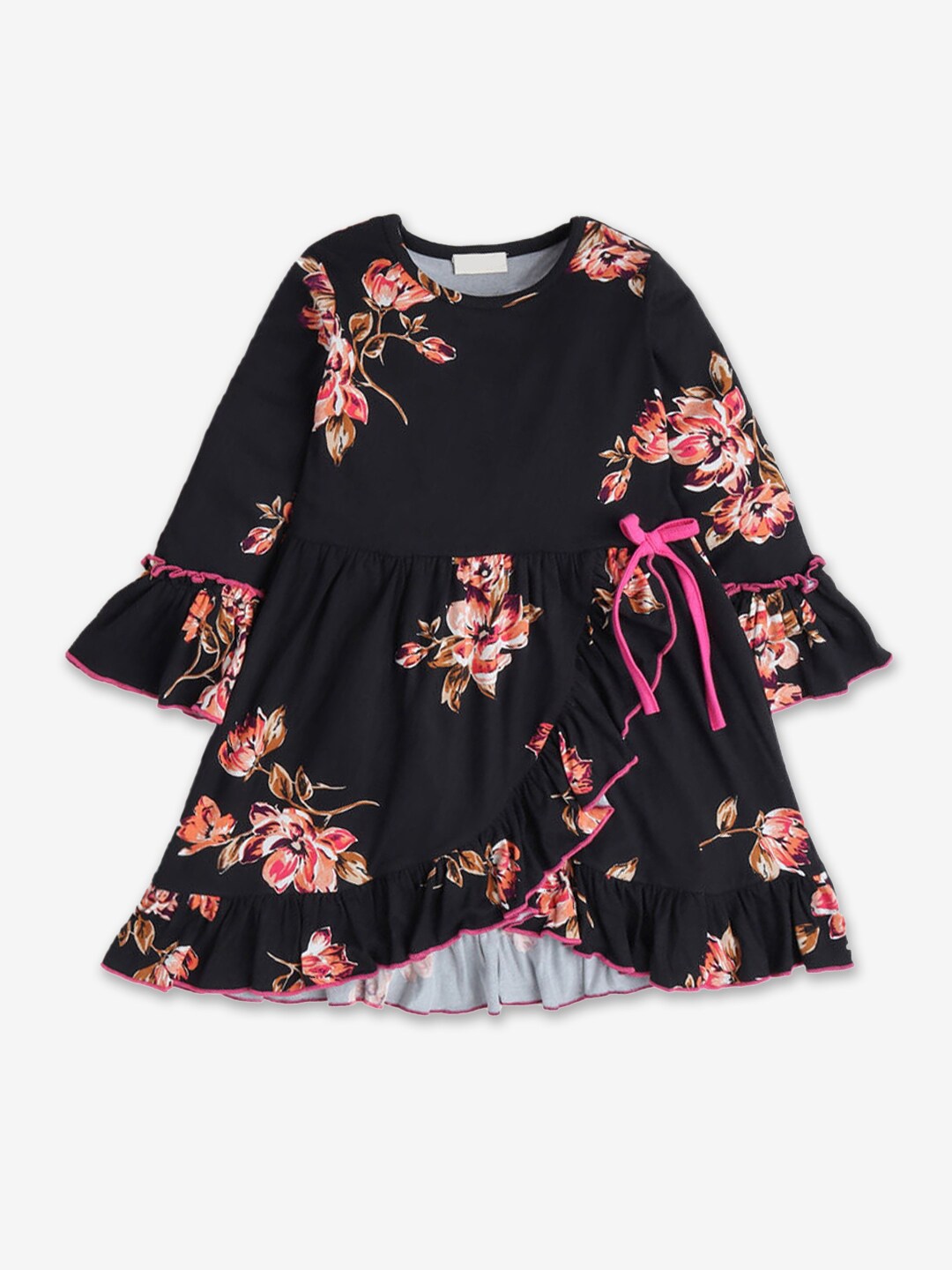 

Hopscotch Girls Floral Printed Bell Sleeves Wrap Dress, Black