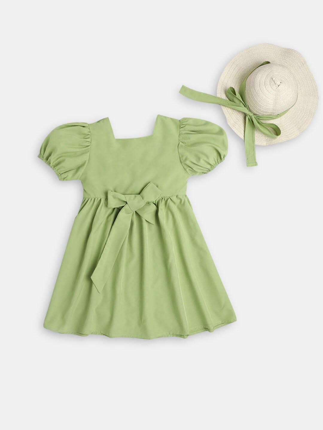 

Hopscotch Girls Fit and Flare Puff Sleeves Square Neck Dress, Green
