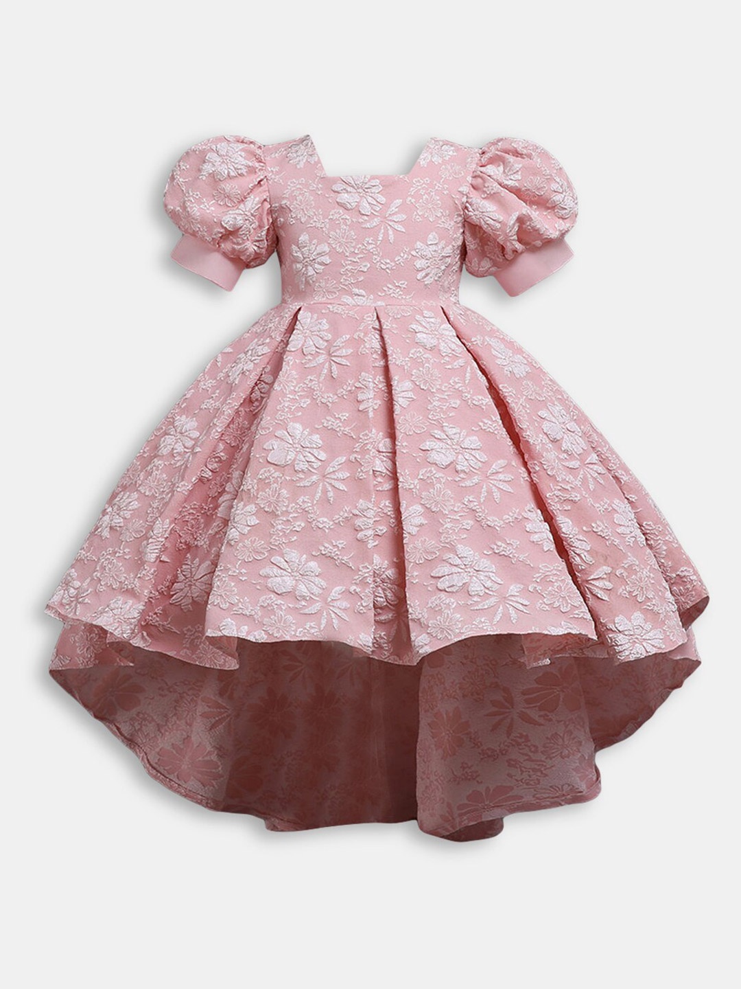 

Hopscotch Girls Self Design Fit & Flare Puff Sleeves Round Neck Dress, Pink