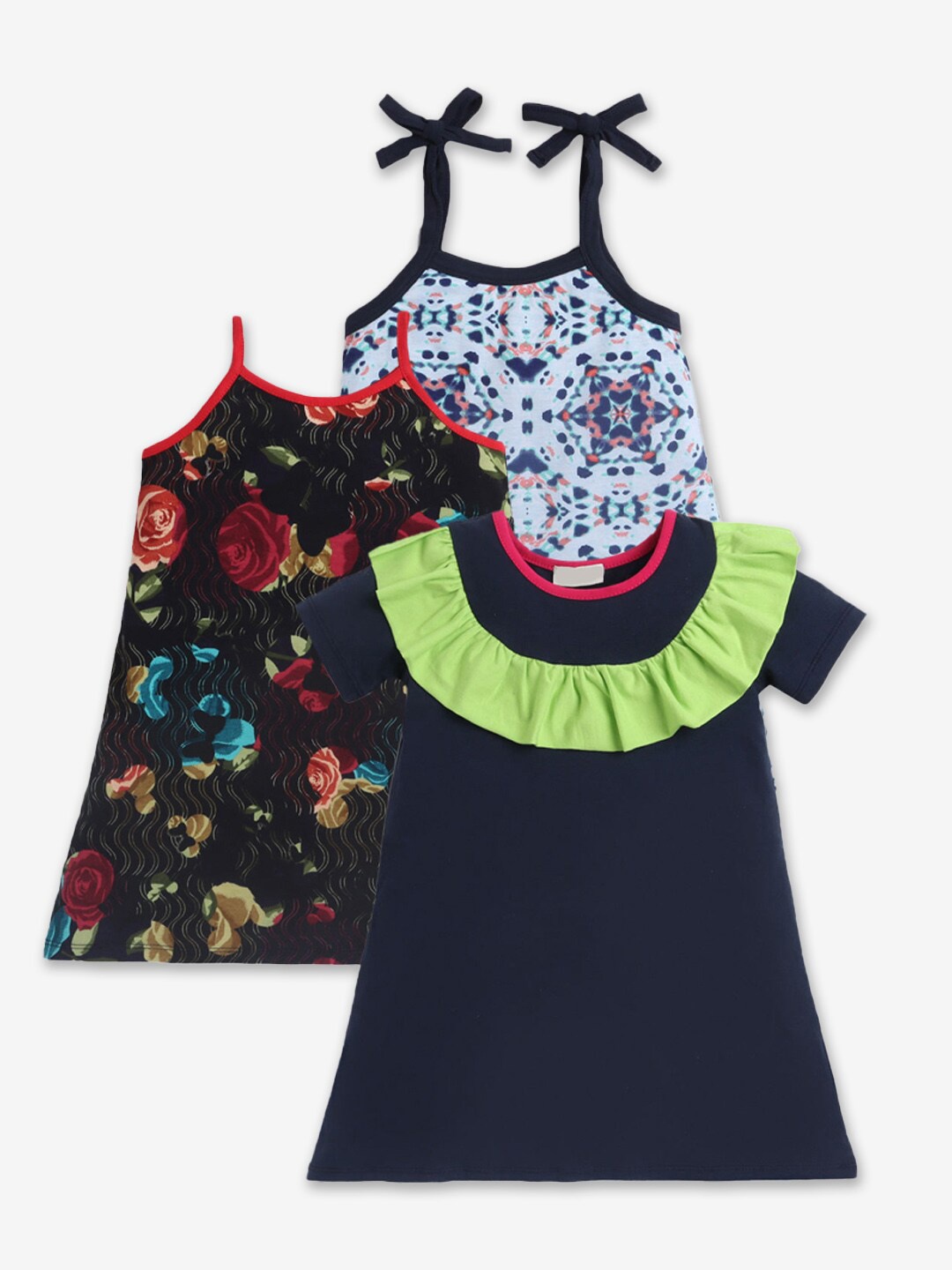 

Hopscotch Girls Pack Of 3 Fit & Flare Floral Printed Cotton Dress, Blue