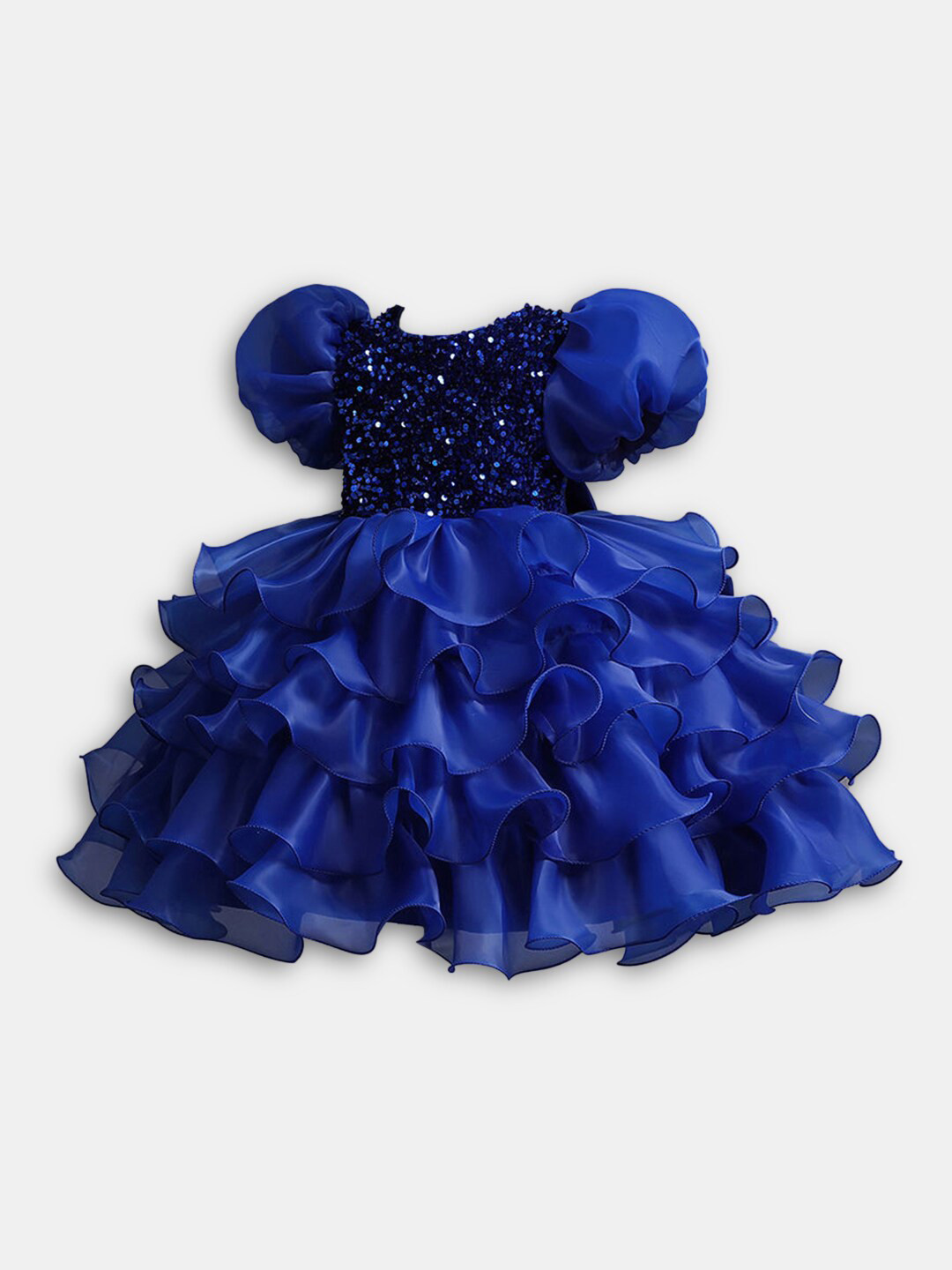 

Hopscotch Solid Blue Embellished Puff Sleeve Dress