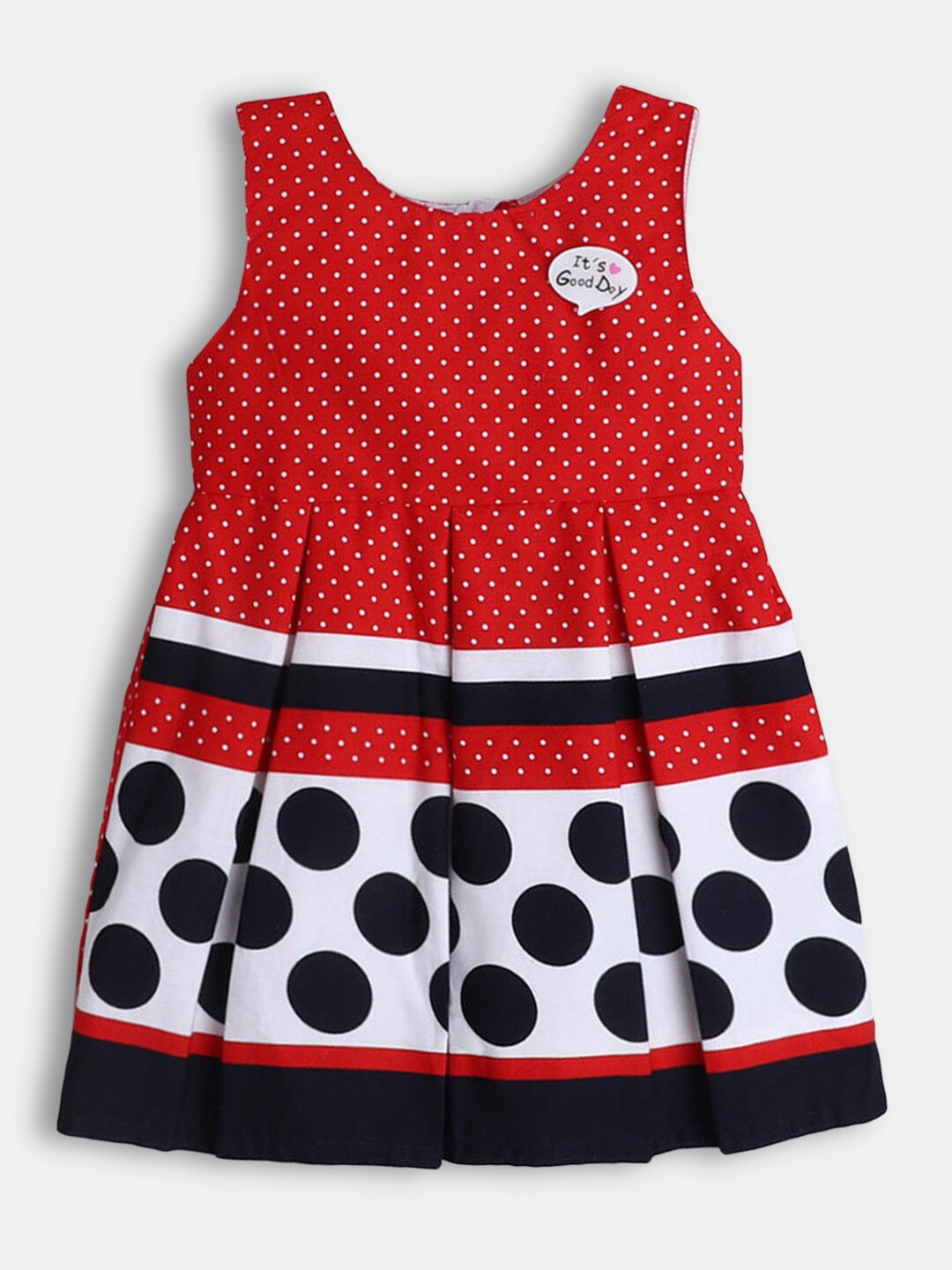 

Hopscotch Girls Polka Dot Printed Fit & Flare Round neck Sleeveless Dress, Red