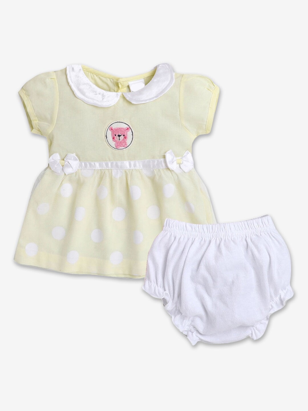 

Hopscotch Girls Polka Dots Printed Cap Sleeves Cotton Dress, Yellow