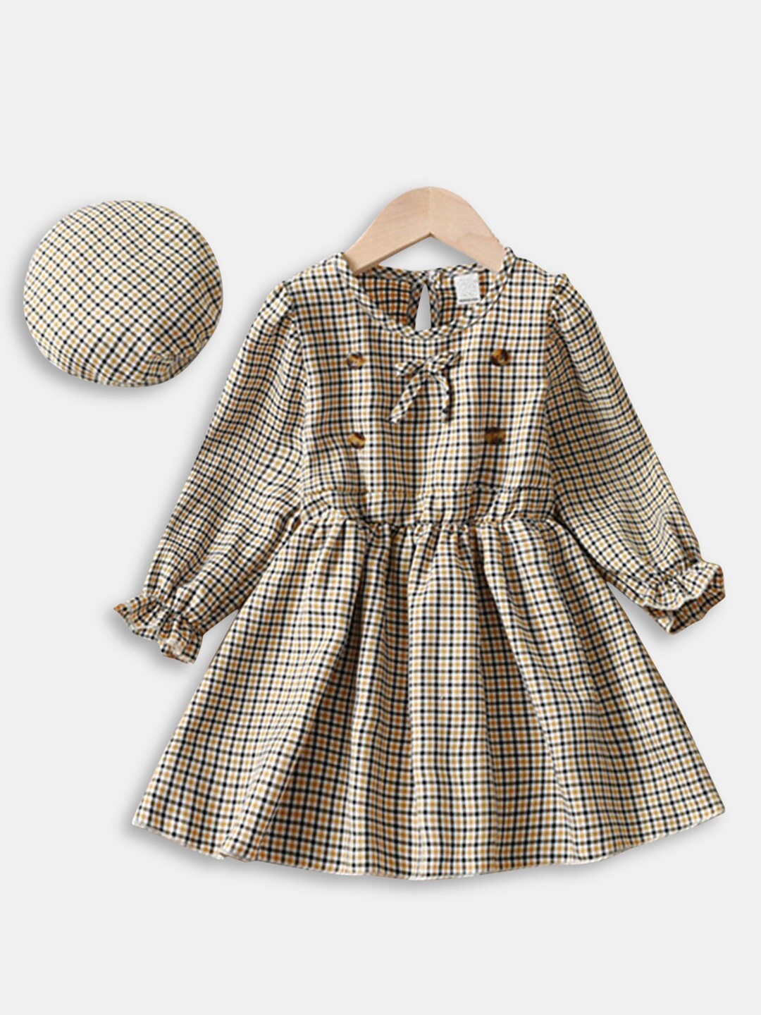 

Hopscotch Girls Checked Fit and Flare Cuffed Sleeves Round Neck Dress, Yellow