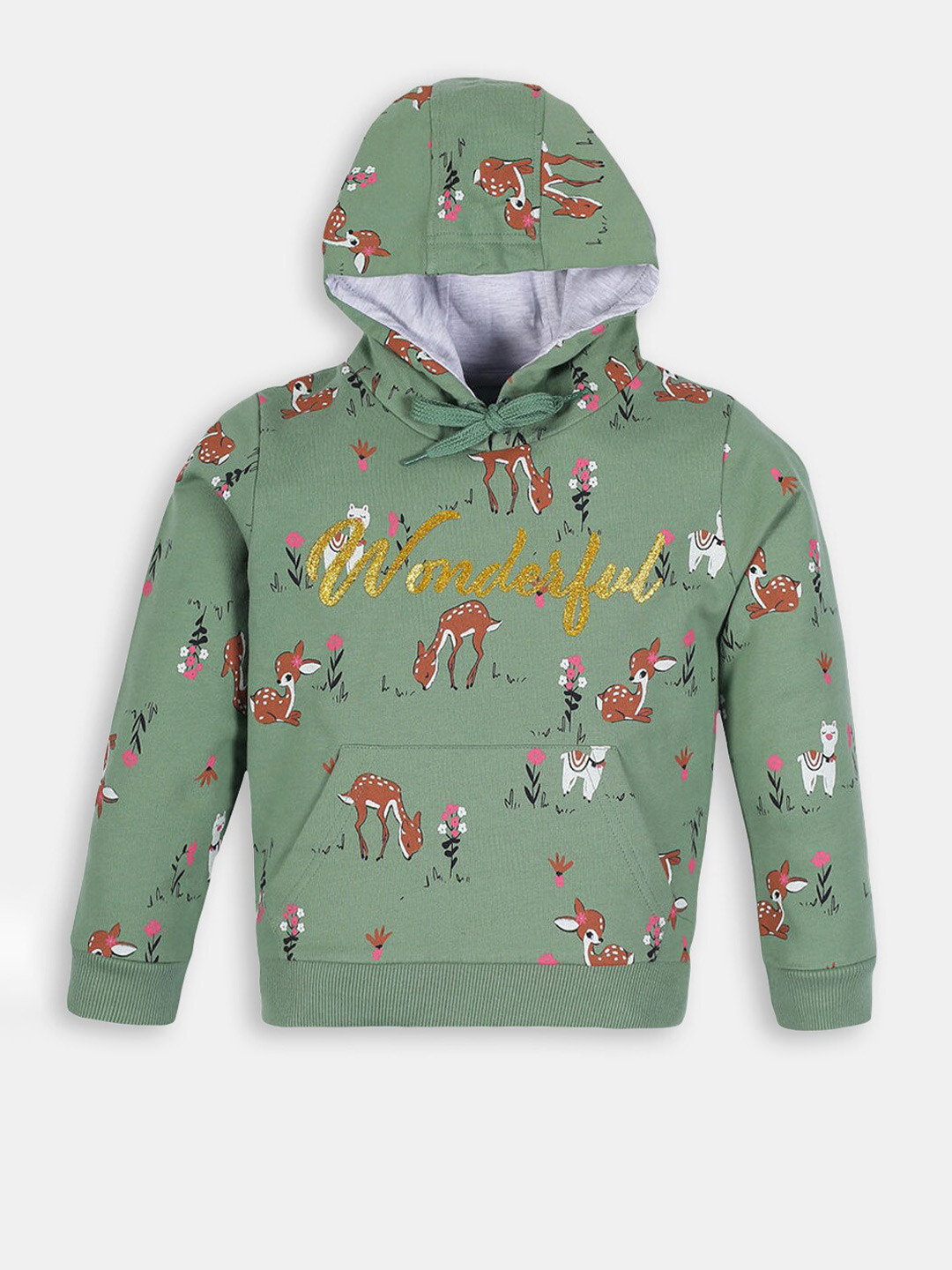 

Hopscotch Girls Green Printed Hooded Sweatshirt