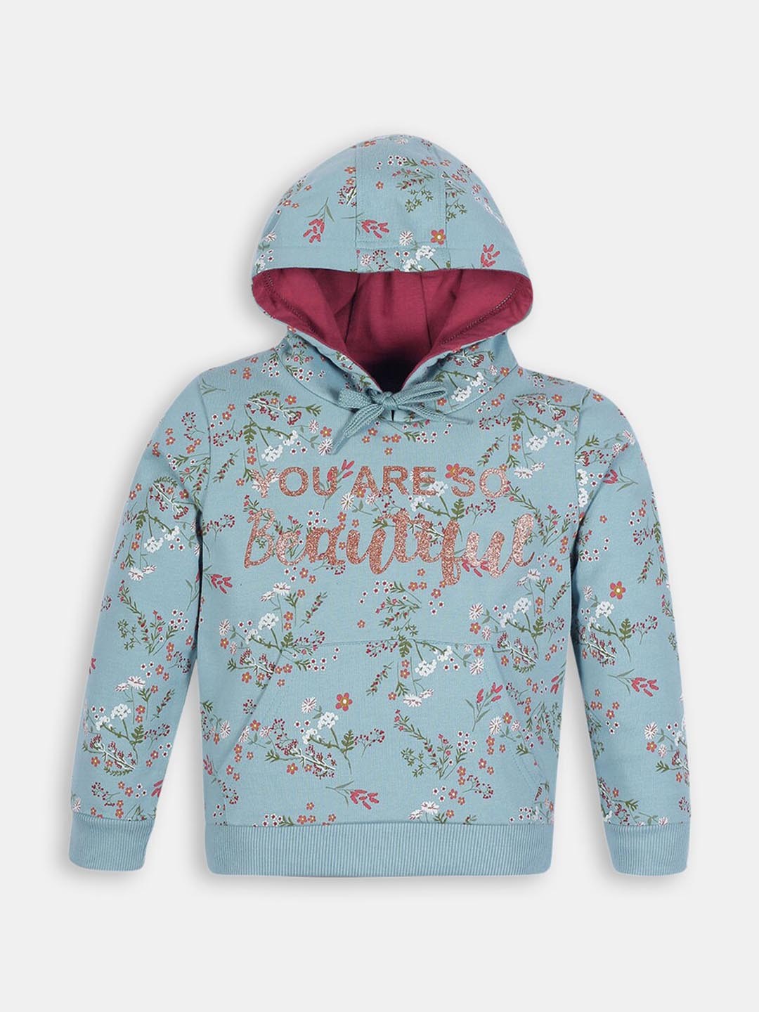 

Hopscotch Girls Blue Printed Cotton Hooded Sweatshirt