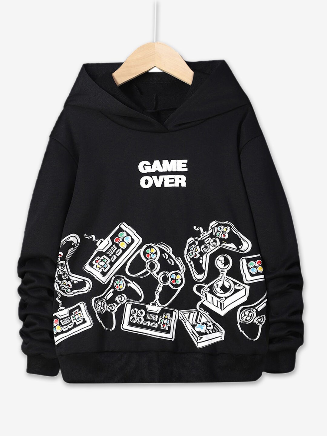 

Hopscotch Boys Black Graphic Printed Hooded Sweatshirt