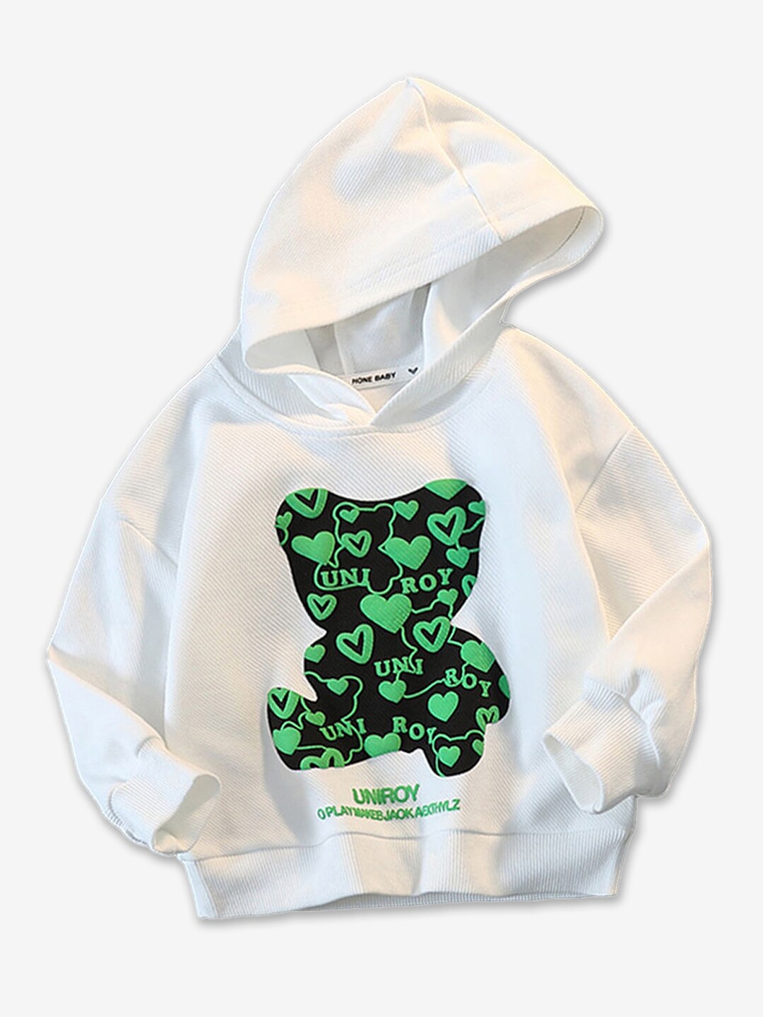 

Hopscotch Boys White Printed Hooded Sweatshirt