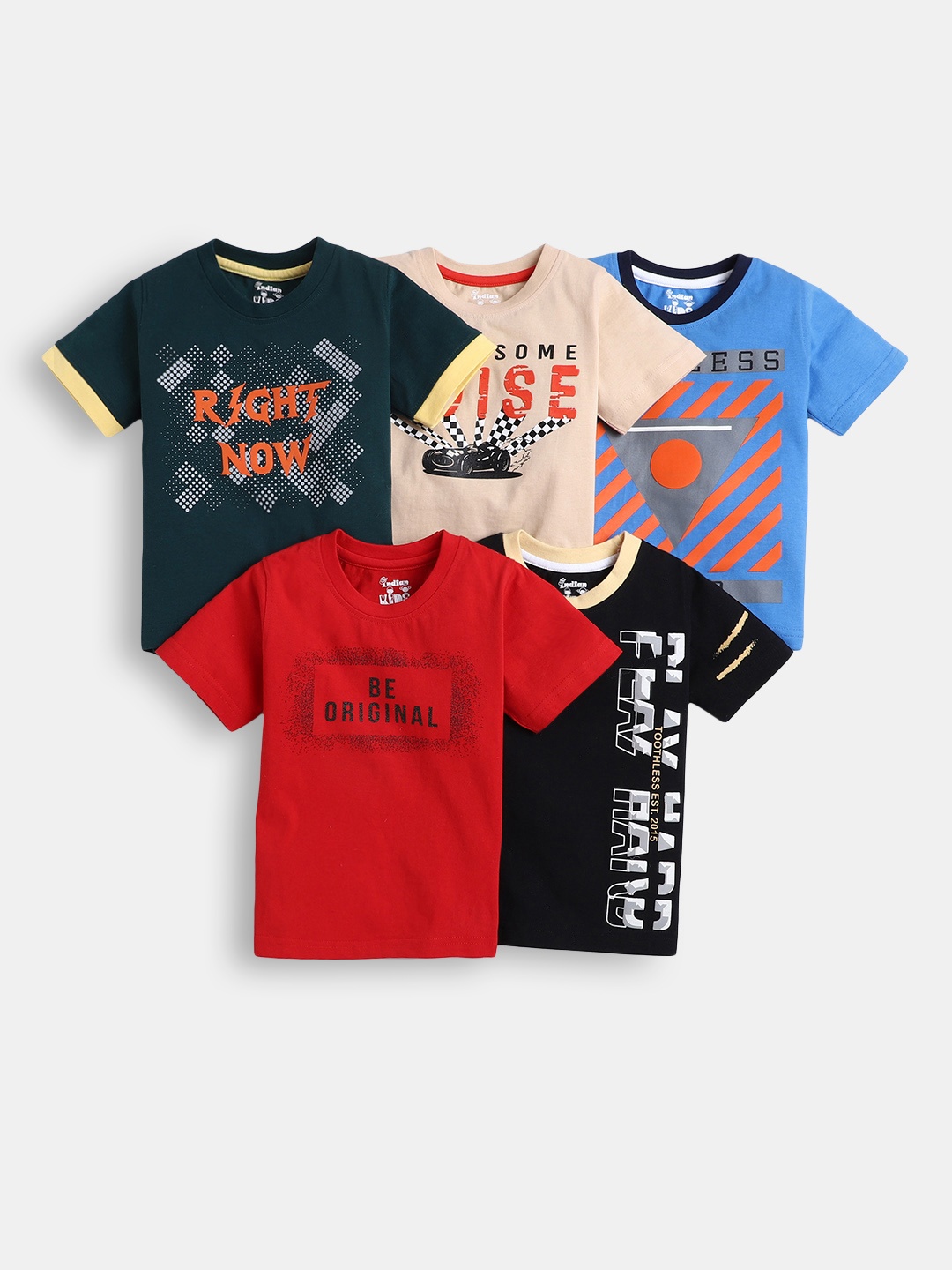 

Hopscotch Boys Pack Of 5 Typography Printed Cotton T-shirt, Red