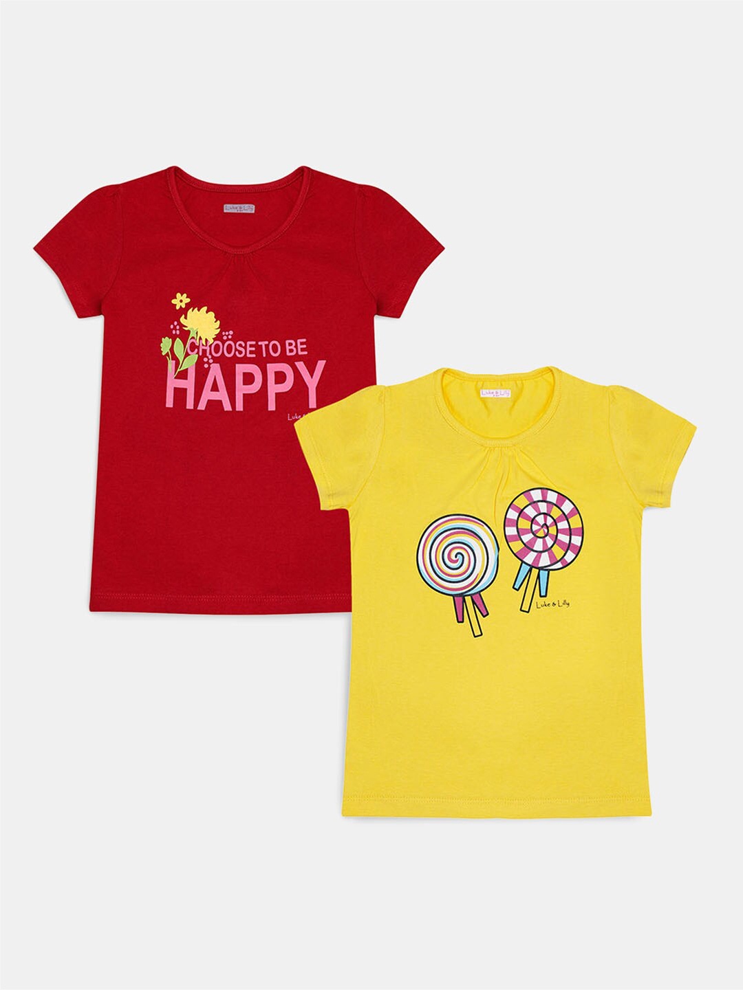 

Hopscotch Girls Red & Yellow Pack Of 2 Typography Printed Cotton T-shirt