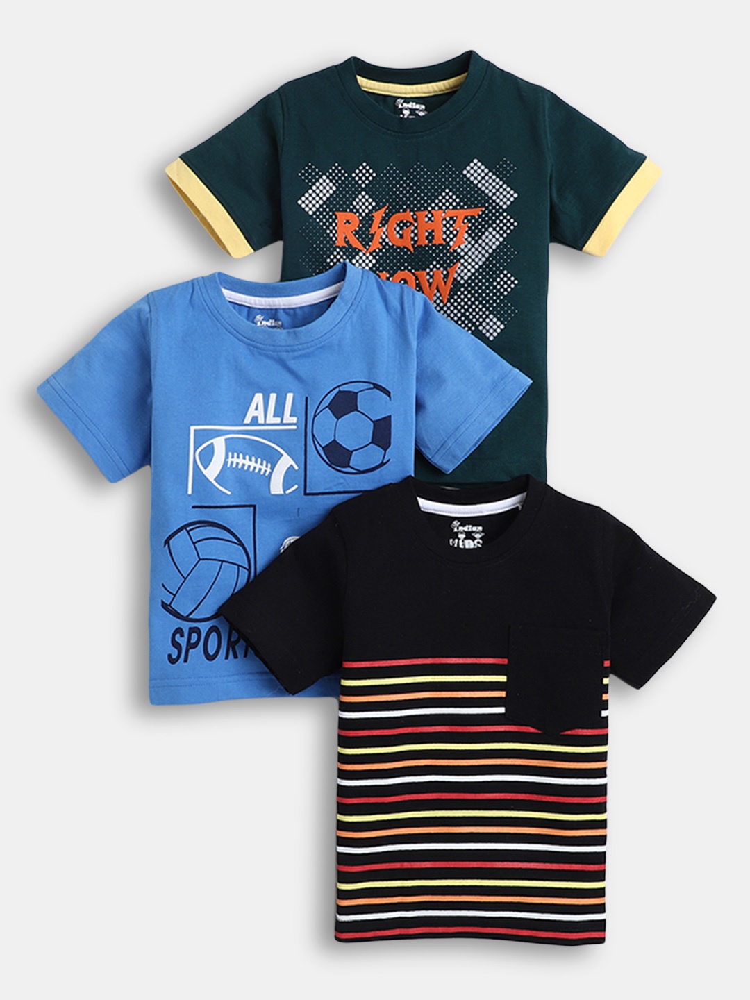

Hopscotch Boys Pack Of 3 Typography Printed Cotton T-shirt, Blue