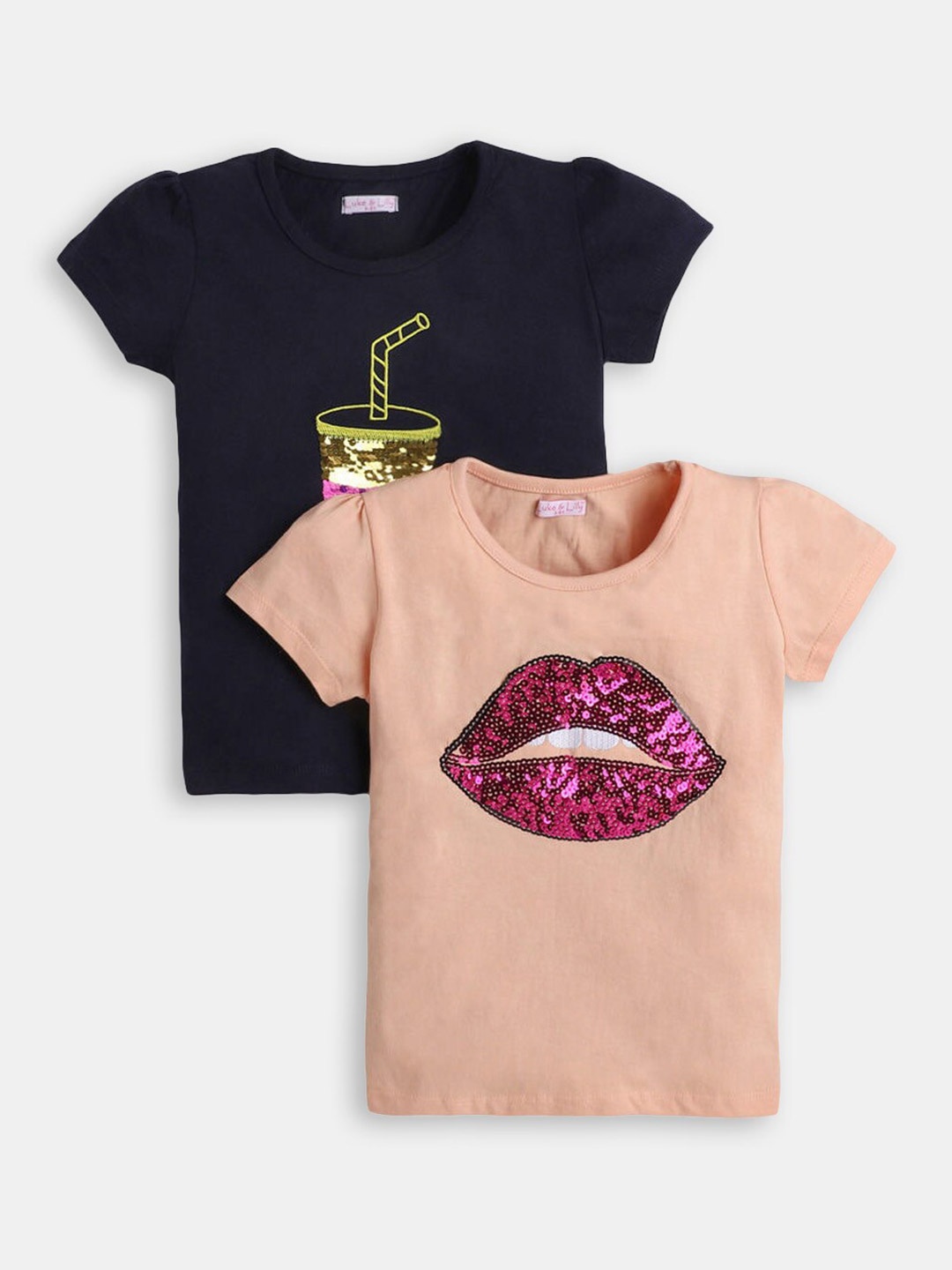 

Hopscotch Girls Black & Peach-Coloured Pack Of 2 Cotton T-shirt