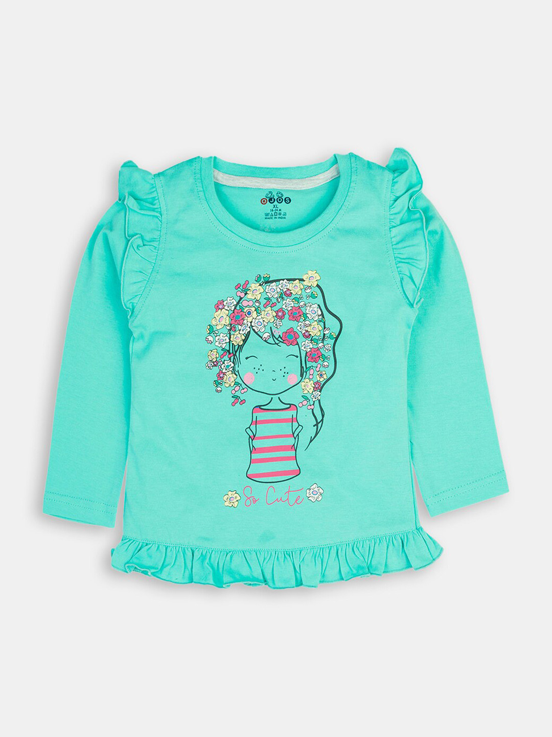 

Hopscotch Girls Sea Green Printed Cotton T-shirt