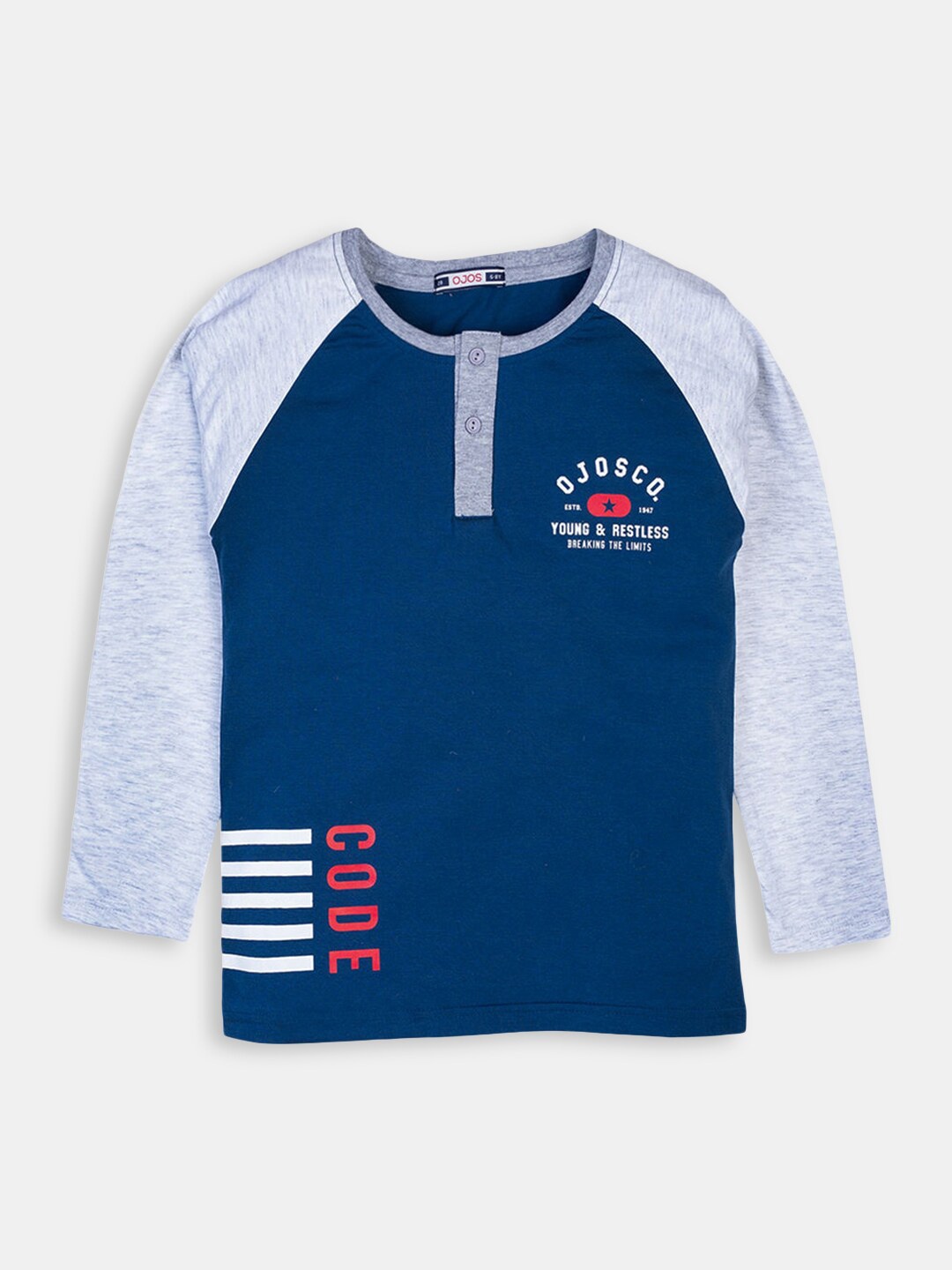 

Hopscotch Boys Navy Blue & Grey Colourblocked Cotton T-shirt