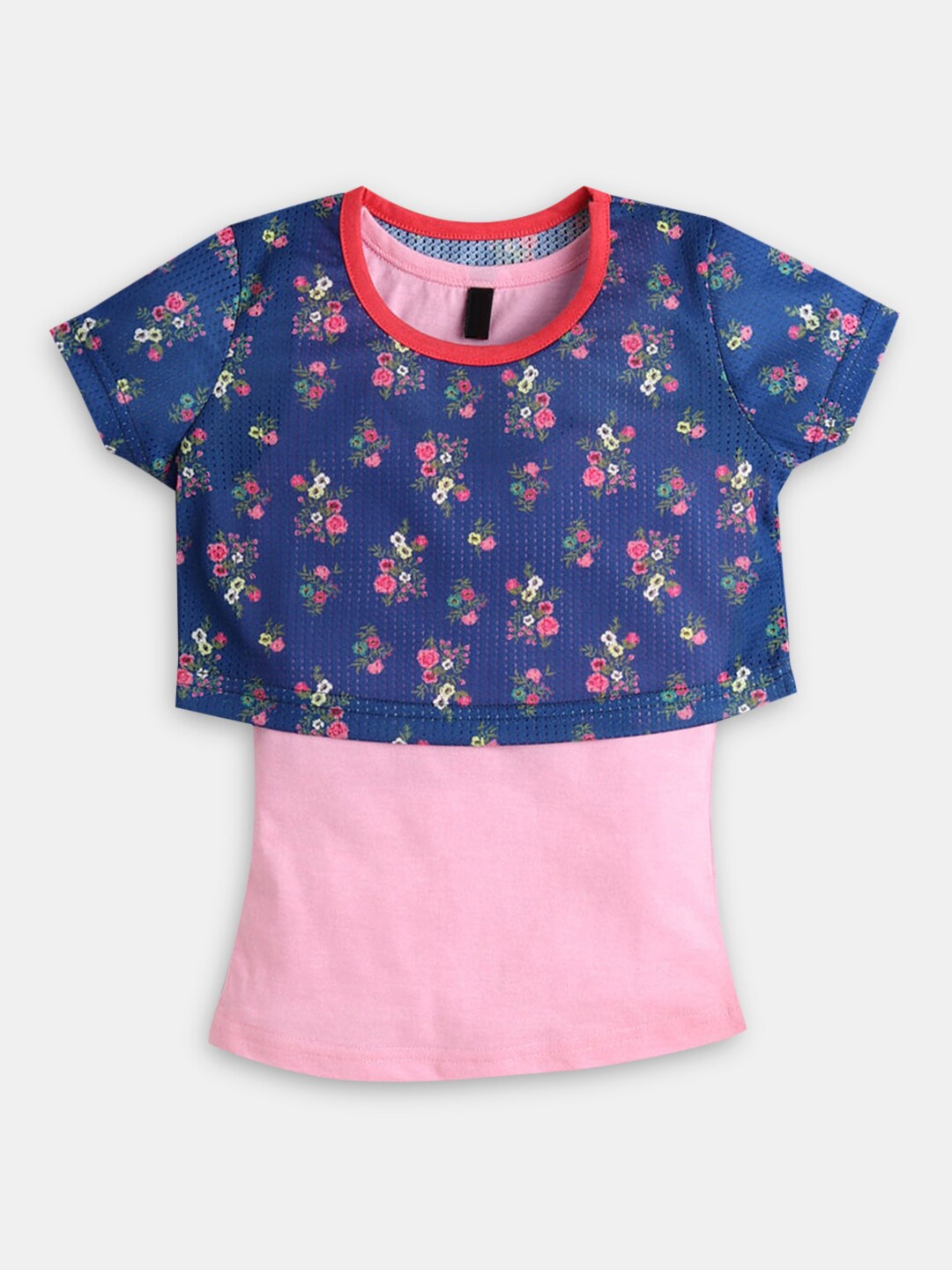 

Hopscotch Girls Pink & Blue Floral Printed T-shirt