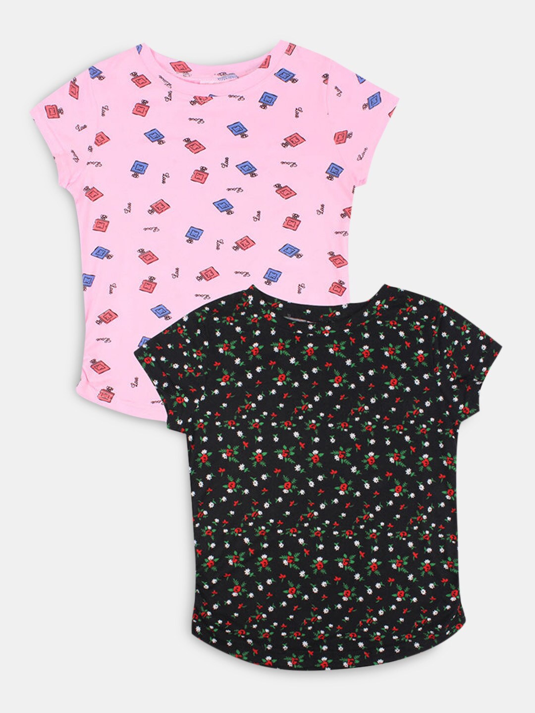 

Hopscotch Girls Black & Pink Pack of 2 Floral Printed T-shirt