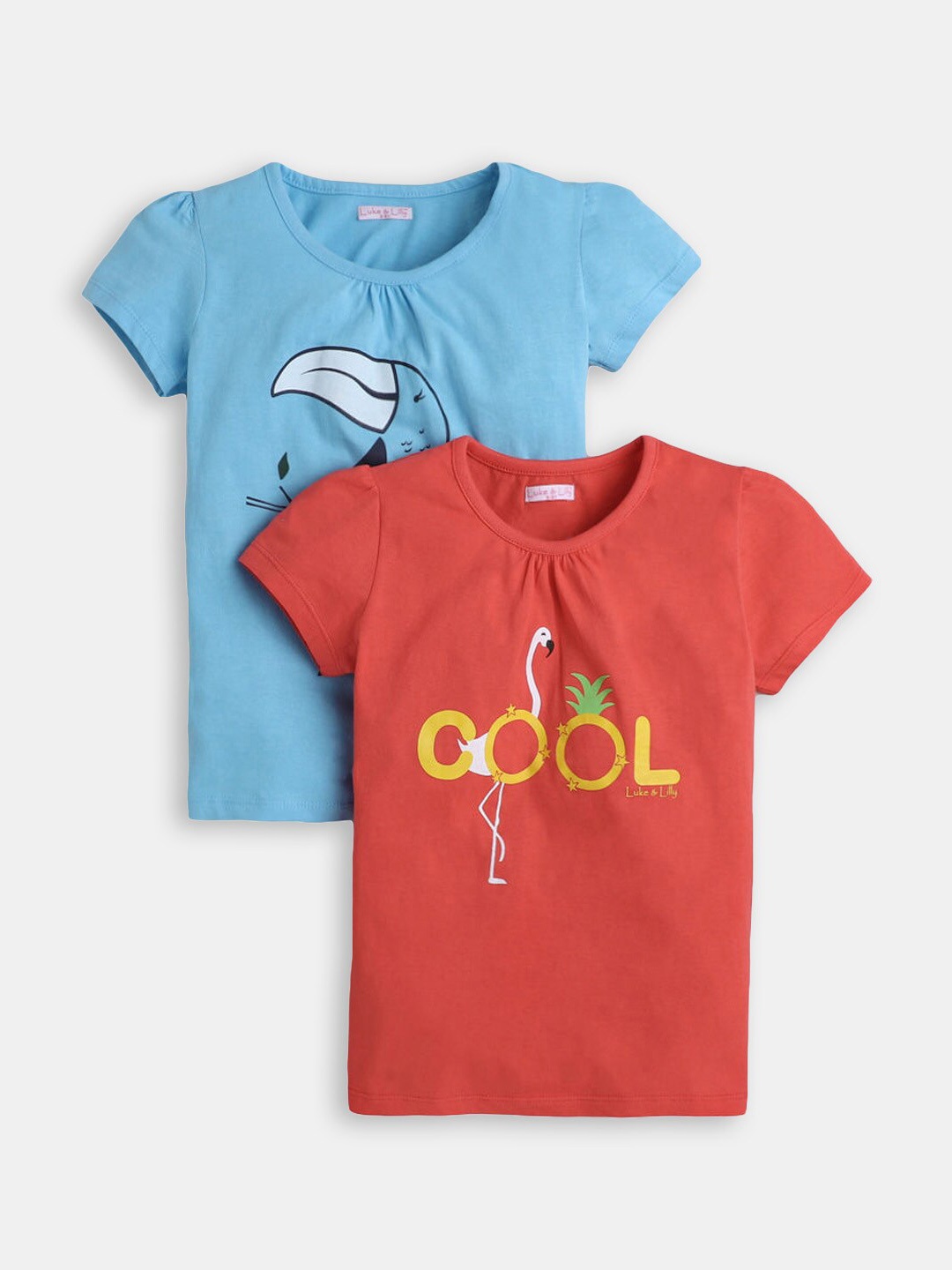 

Hopscotch Girls Pack of 2 Red & Blue Typography Printed T-shirt