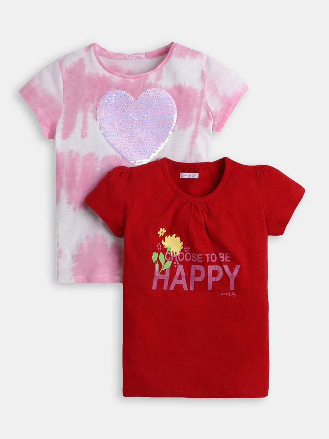 

Hopscotch Girls Red & Pink Pack Of 2 Printed Cotton T-shirt