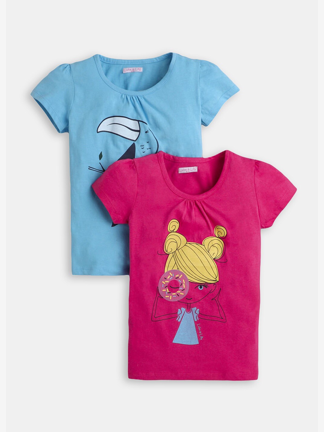 

Hopscotch Girls Blue & Pink Pack Of 2 Printed Puff Sleeves Cotton T-shirt