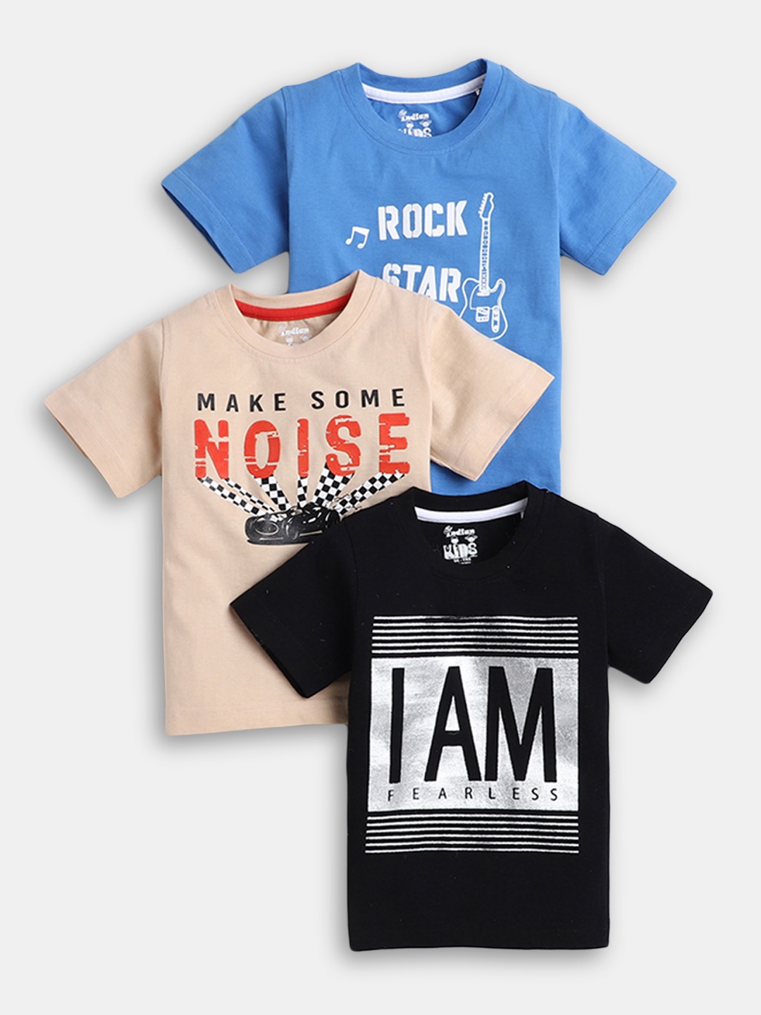 

Hopscotch Boys Beige & Blue Typography Pack Of 3 Printed Cotton T-shirt