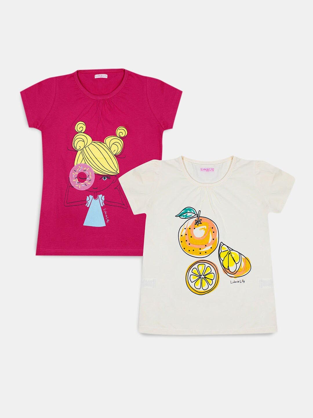 

Hopscotch Girls Pack of 2 Pink & Off White Printed Cotton T-shirt