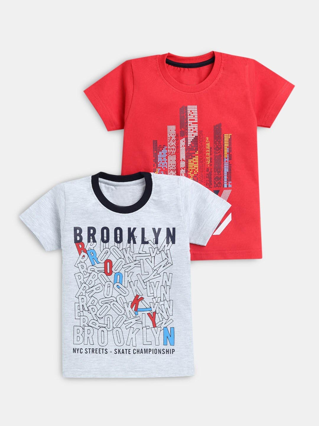 

Hopscotch Boys Pack of 2 Grey & Red Typography Printed Cotton T-shirt