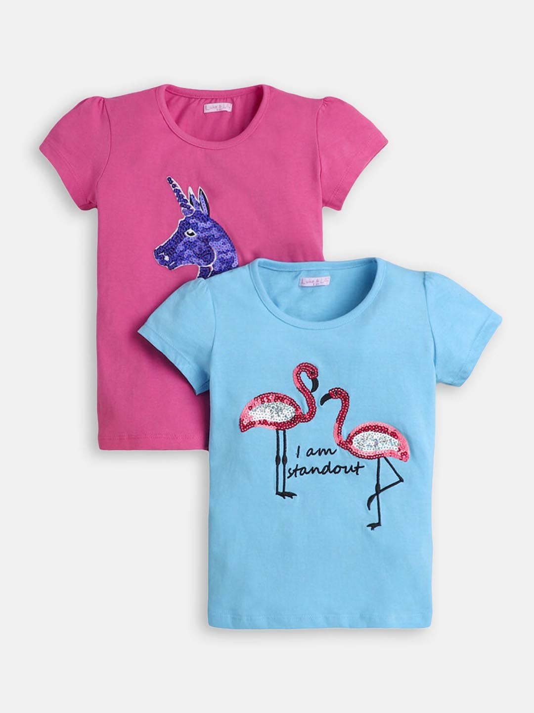 

Hopscotch Pack of 2 Girls Blue & Pink Embellished Cotton T-shirt