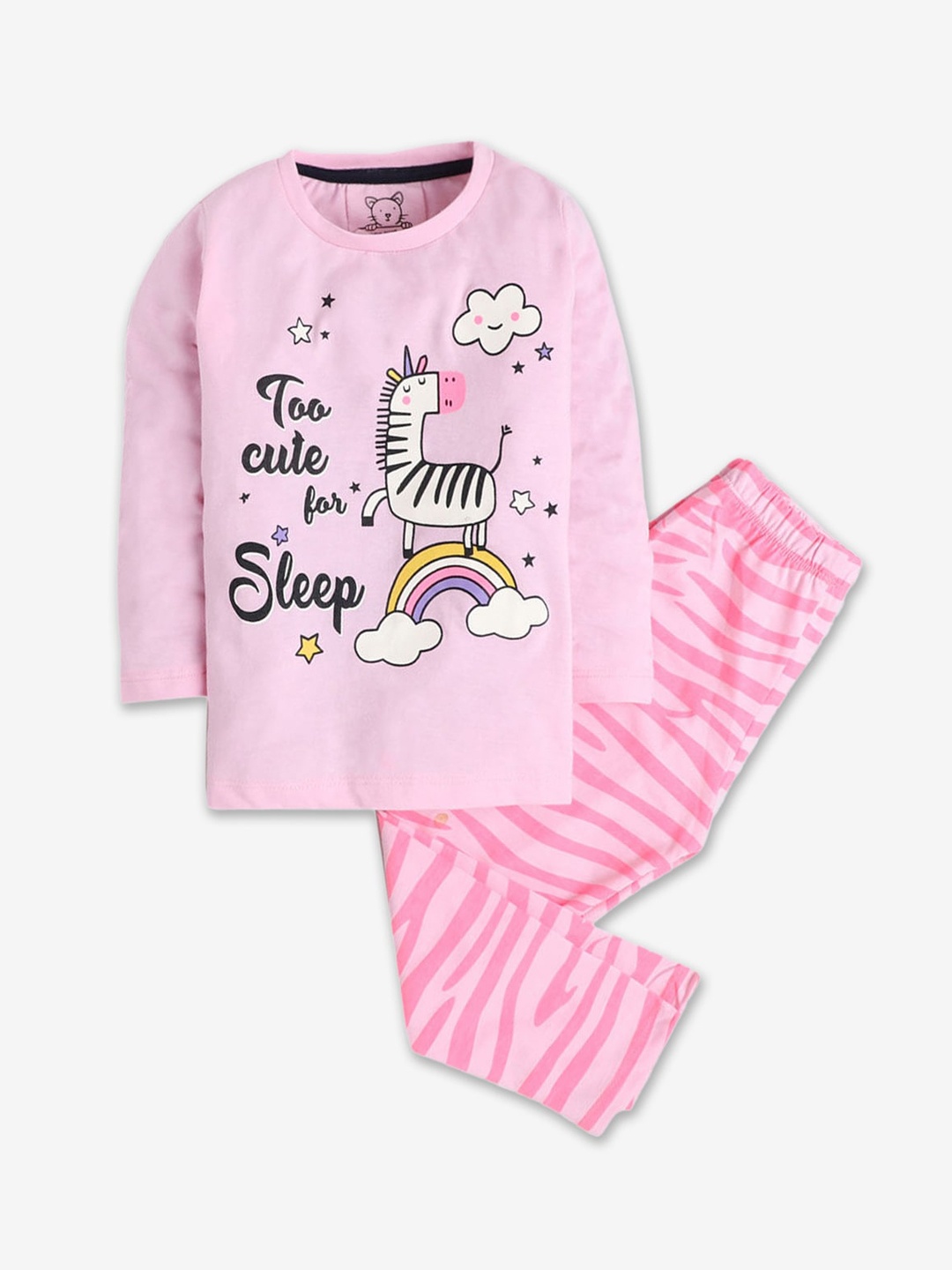 

Hopscotch Girls Pink & Black Printed Round Neck Night suit