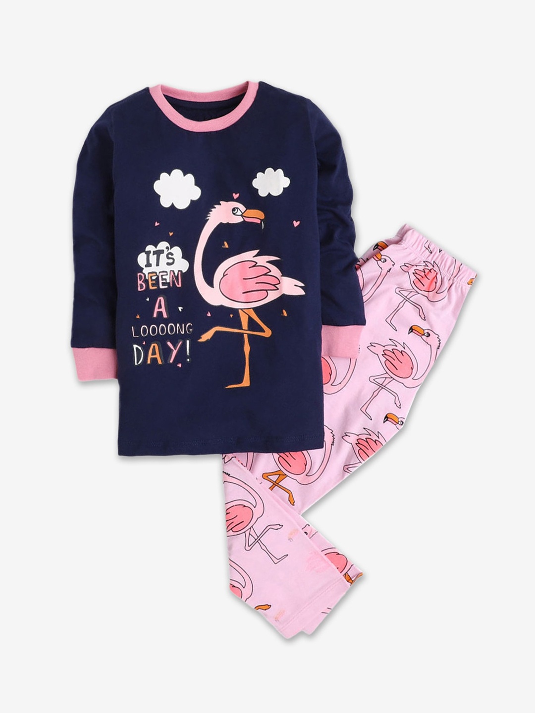 

Hopscotch Girls Navy Blue & Pink Printed Round Neck Night suit