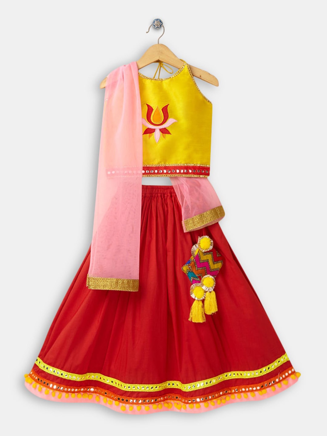 

Hopscotch Girls Yellow Ethnic Motifs Embroidered Pure Cotton Top with Skirt & With Dupatta