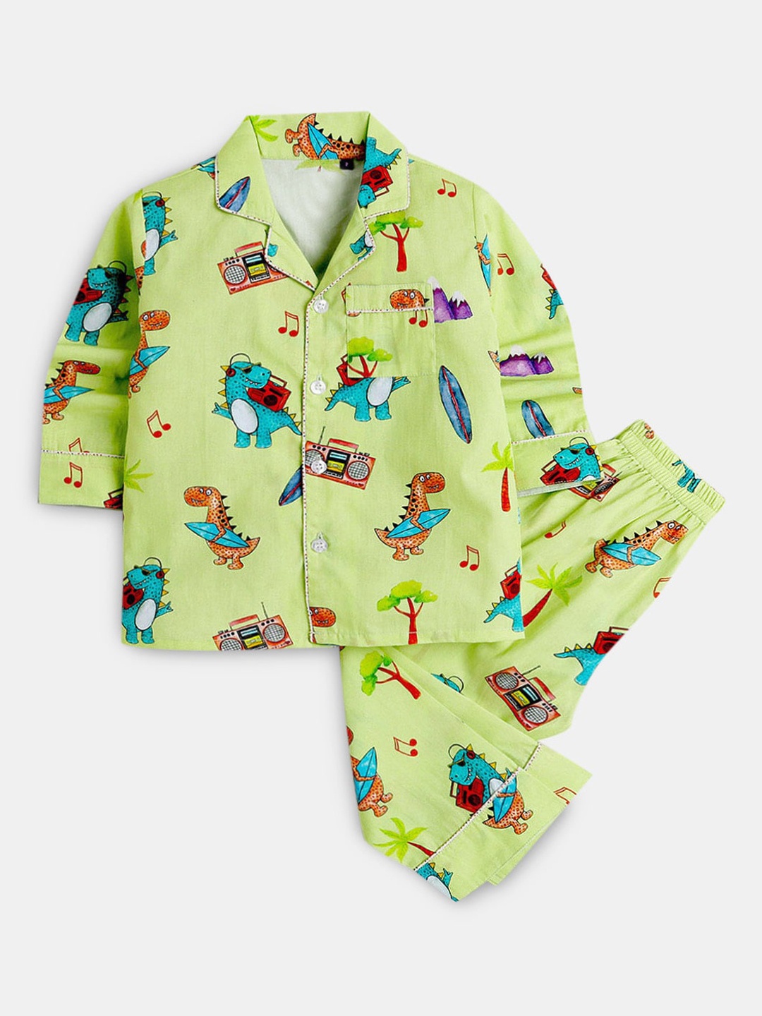 

Hopscotch Kids Green & Red Printed Pure Cotton Night suit