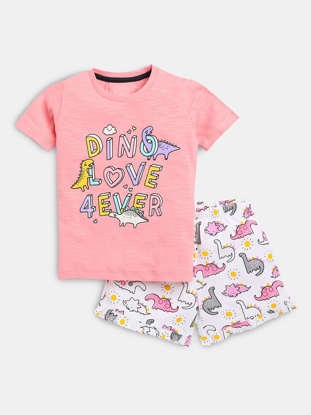 

Hopscotch Girls Pink & White Printed Pure Cotton Night suit