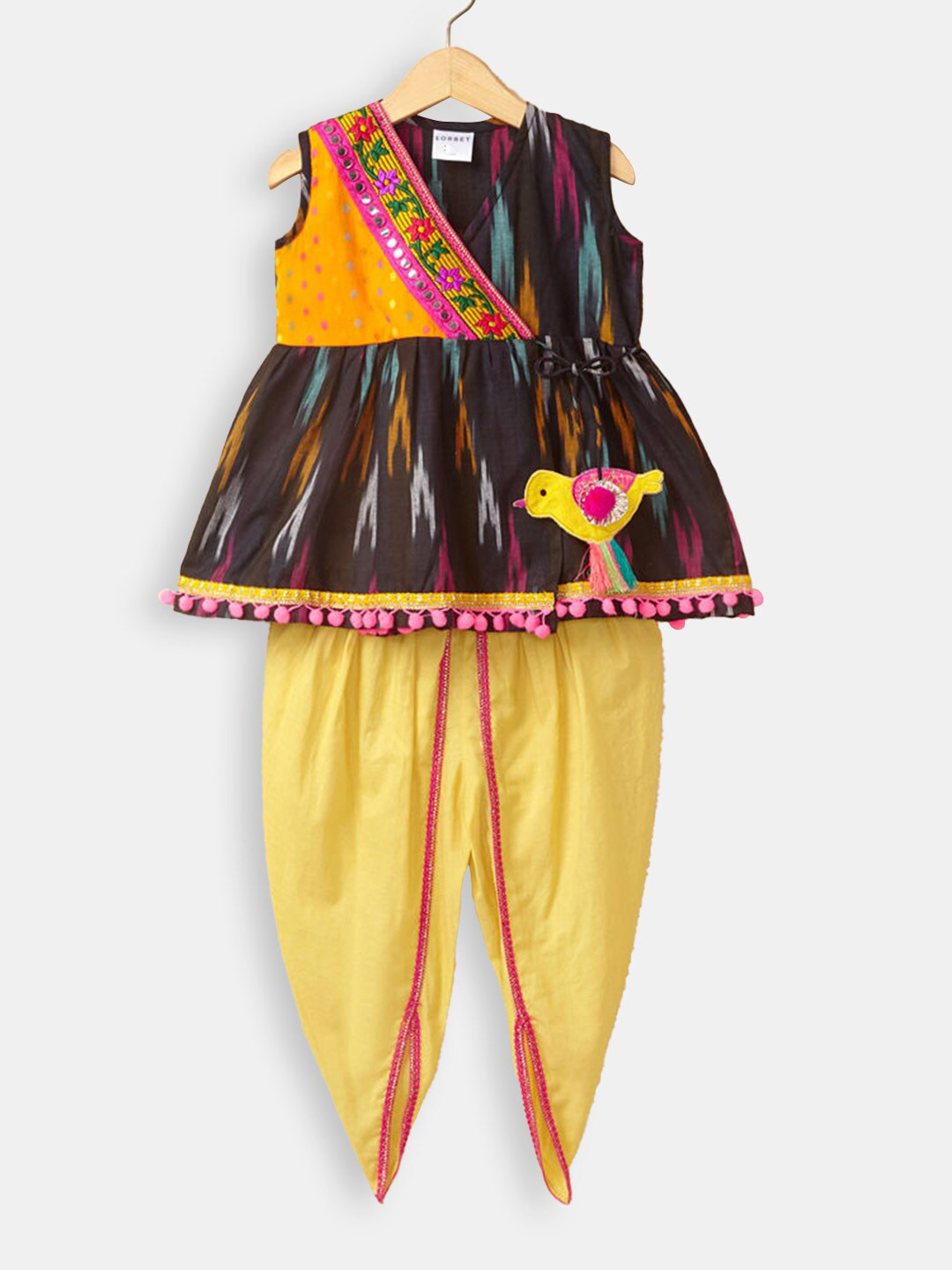

Hopscotch Girls Brown Embroidered Mirror Work Pure Cotton Kurta with Dhoti Pants