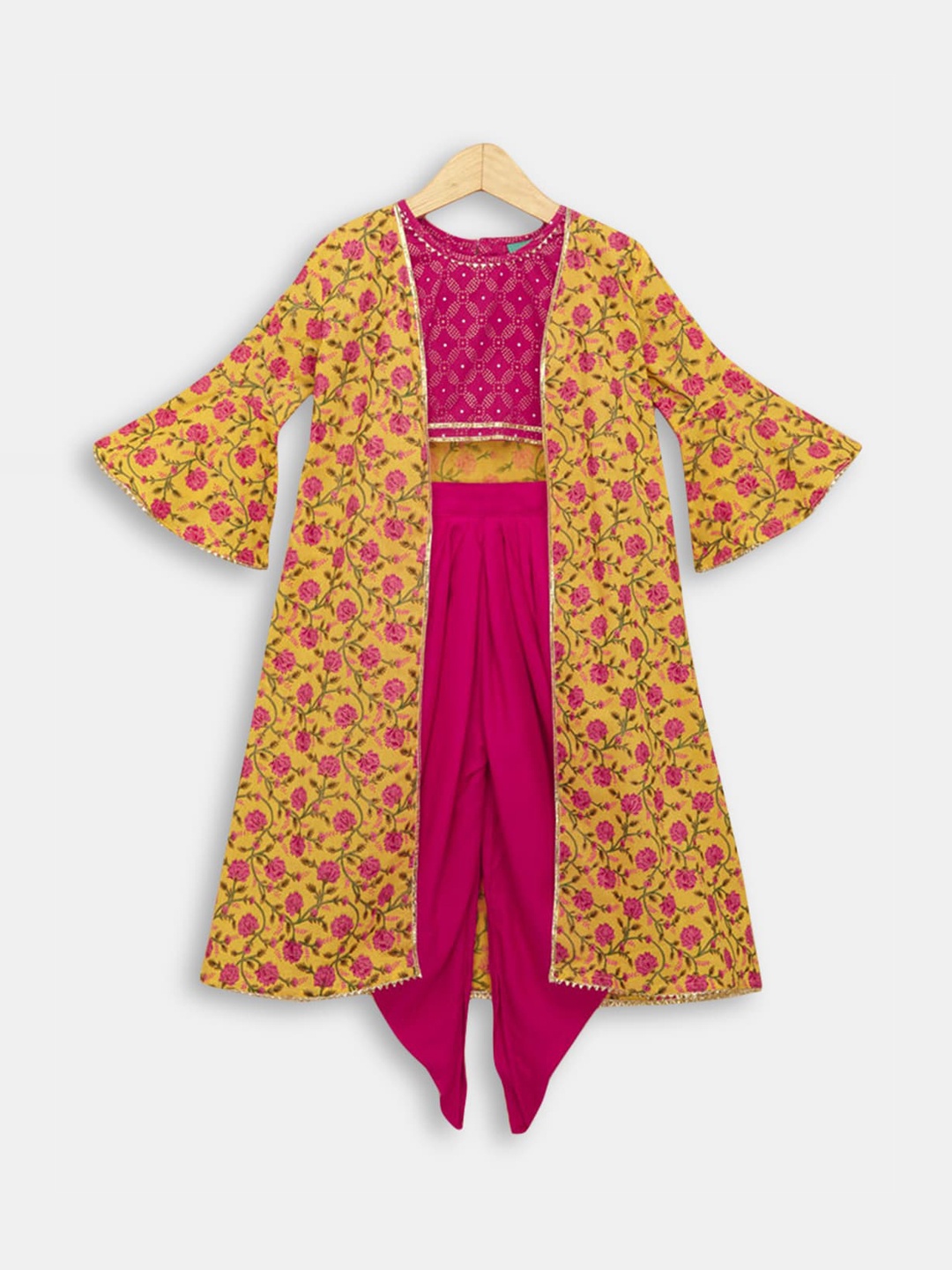 

Hopscotch Girls Yellow Floral Embroidered Pure Cotton Top with Salwar