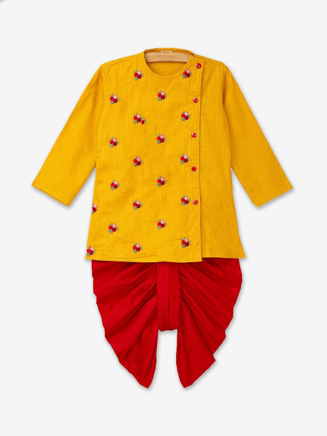 

Hopscotch Boys Yellow Floral Embroidered Thread Work Kurta With Dhoti Pants