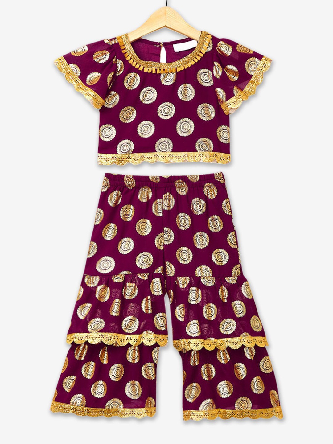 

Hopscotch Girls Burgundy Ethnic Motifs Printed Top With Sharara