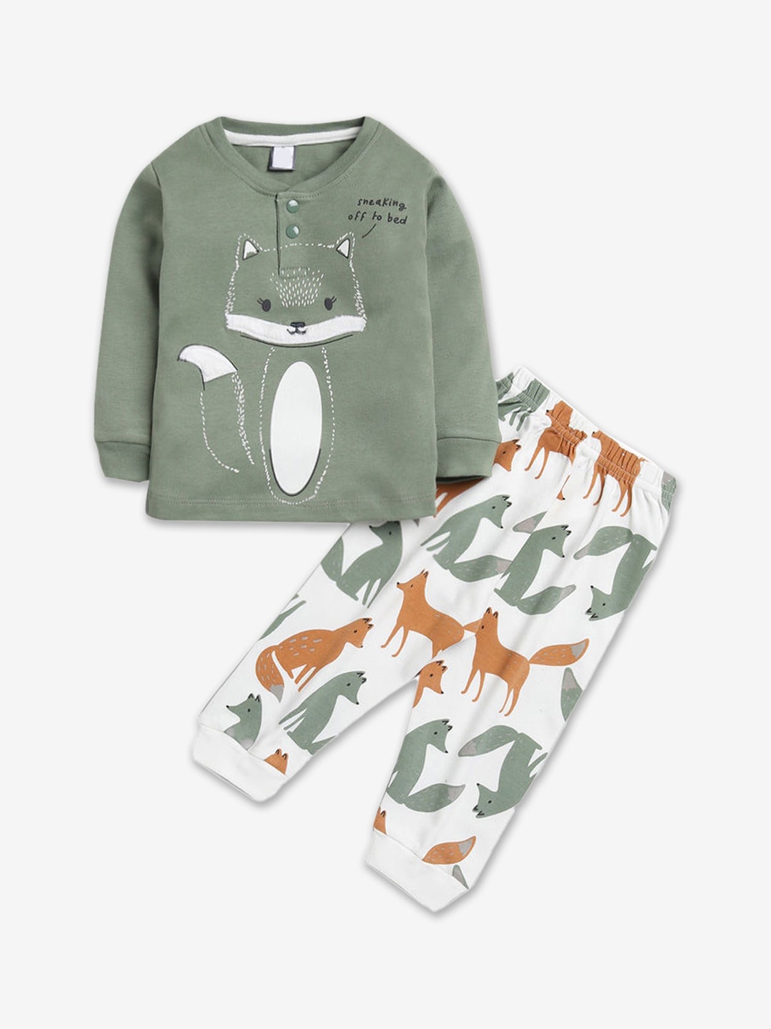 

Hopscotch Girls Green & White Graphic Printed Pure Cotton Night suit