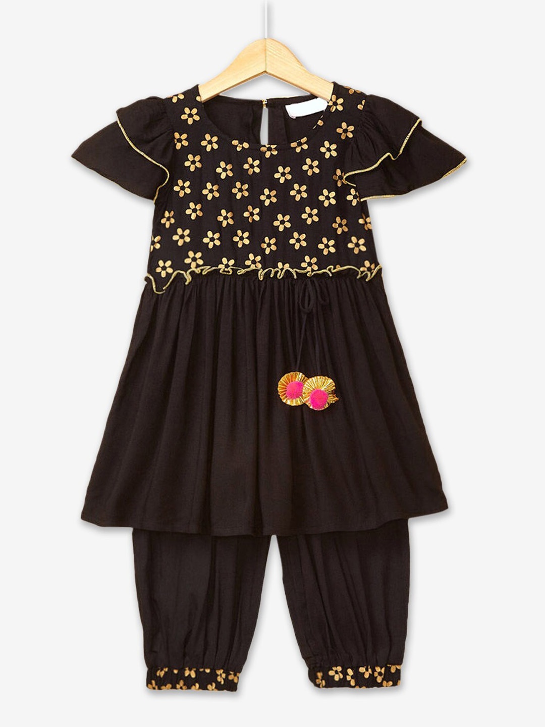 

Hopscotch Girls Black Floral Printed Empire Pure Cotton Kurta With Salwar