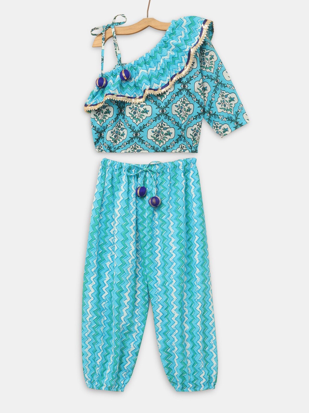 

Hopscotch Girls Blue Floral Printed Pure Cotton Kurta With Dhoti Pants